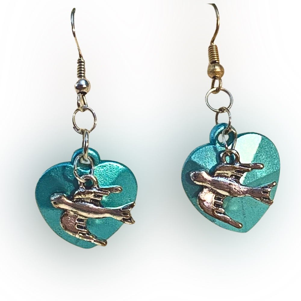 Handcrafted Teal Colored Heart & Silver Tone Flying Bird Drop Earrings
